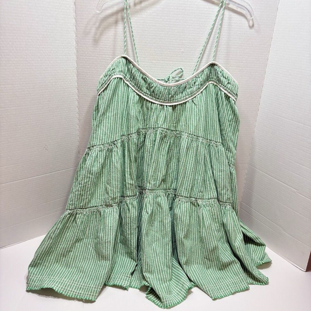 Free People Wilder Days Mini Dress Green/White Striped Size Large Babydoll Boho